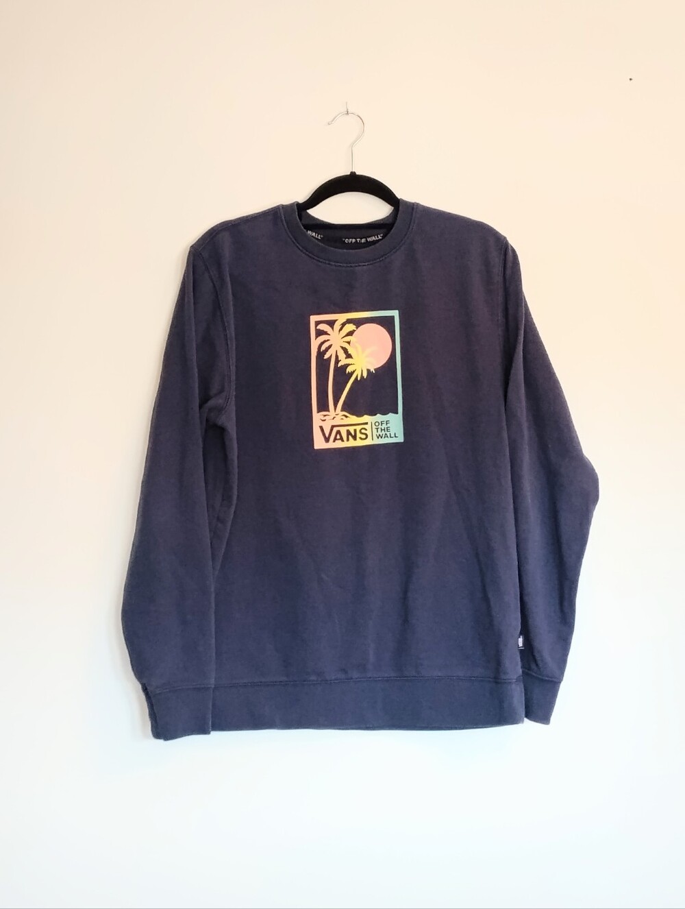 Unisex Vans Navy Crewneck Sweatshirt with Pastel Sunset Palm Graphic